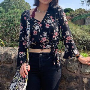 black floral tied wrap crop top with bell-sleeves